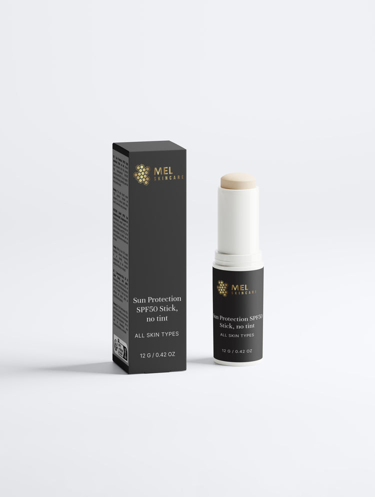 Mel Skincare Sun Protection SPF50 Stick without tint and its packaging