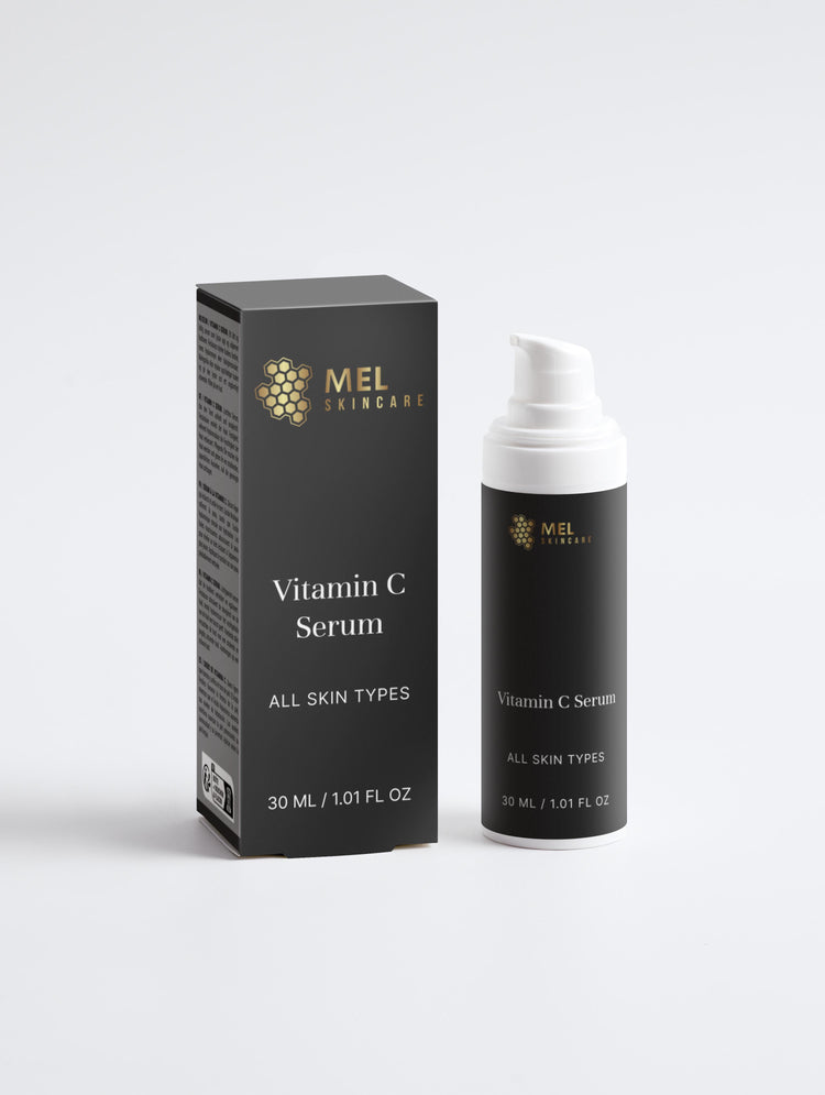 Mel Skincare Vitamin C Serum in a 30 ml pump bottle beside its black box