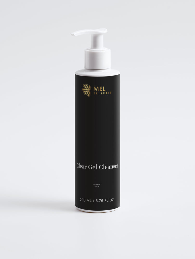 Mel Skincare Clear Gel Cleanser in a 200 ml bottle with a white pump